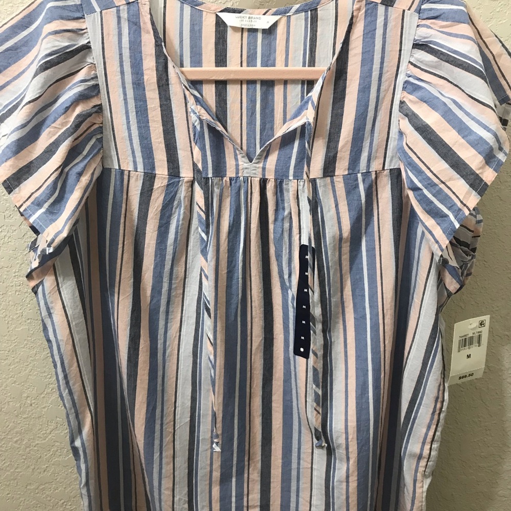 Lucky Brand Stripe Size Medium Baby Doll Boho Peasant Top Blue Pink White